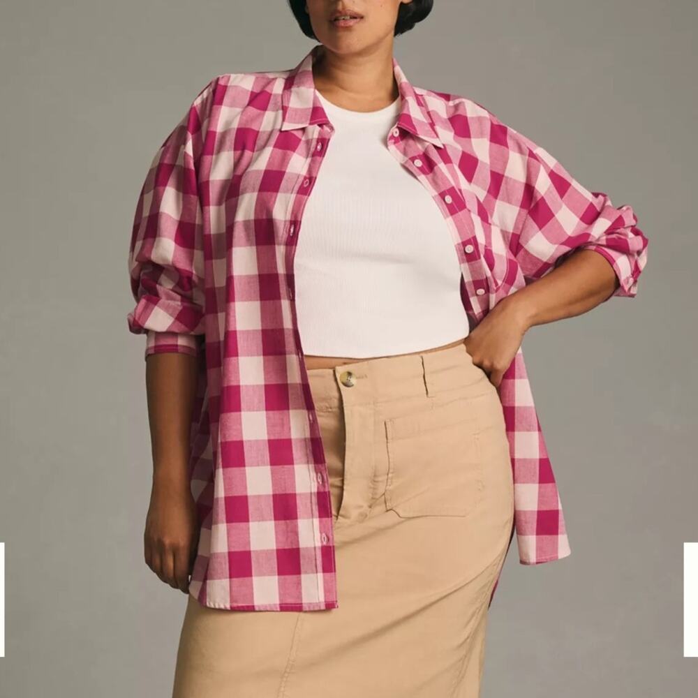 Antropologie MAEVE The Bennet Buttondown Shirt Buffalo Check Pink Combo Medium - Picture 2 of 12